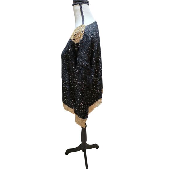LTX Elegant Black Gold Trim Sweater Sparkling Metallic Knit Holiday Party S/M - Picture 4 of 6